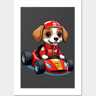 Cute Dog in Red Racing Car Posters and Art